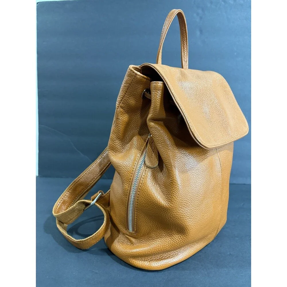 BOYATU Brown Pebbled Leather Drawstring Backpack